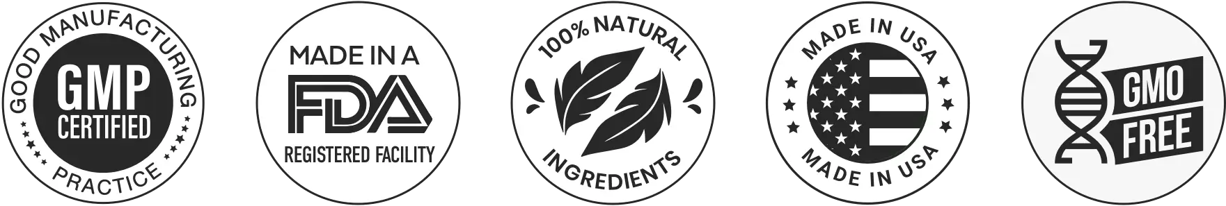 GMP Certified, Made in an FDA Registered Facility, 100% Natural Ingredients, Made in USA, GMO Free